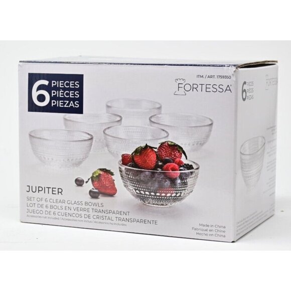 Fortessa Jupiter Clear Glass Bowls Set of 6 - Cereal, Soup, Salad - Picture 1 of 8